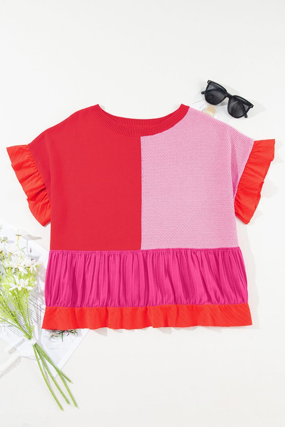 T Shirts | Women Tomato Red Mix Knitted Patchwork Ruffle Trim Loose T Shirt