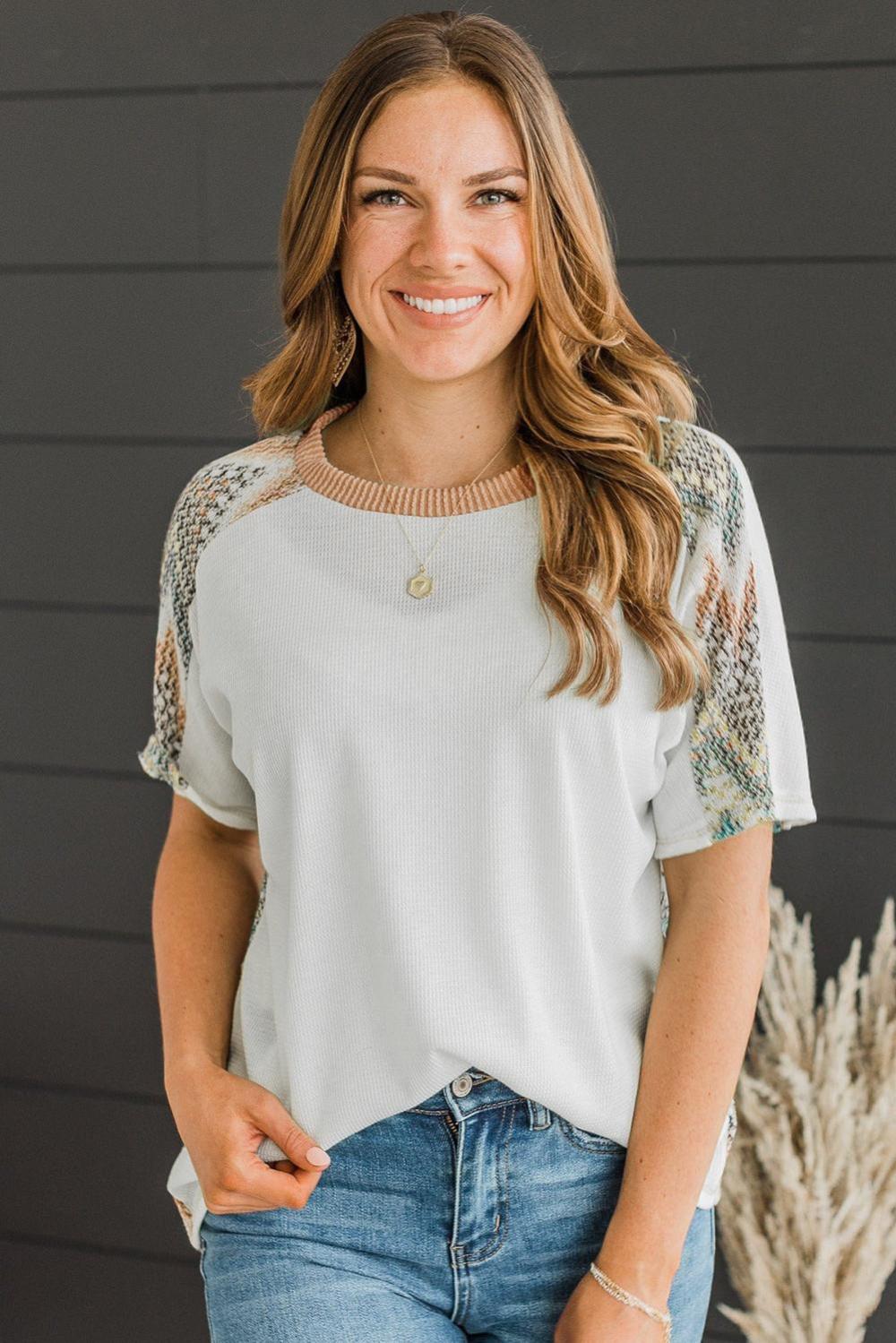 T Shirts | Women White Chevron Patchwork Raglan Sleeve Corded T Shirt