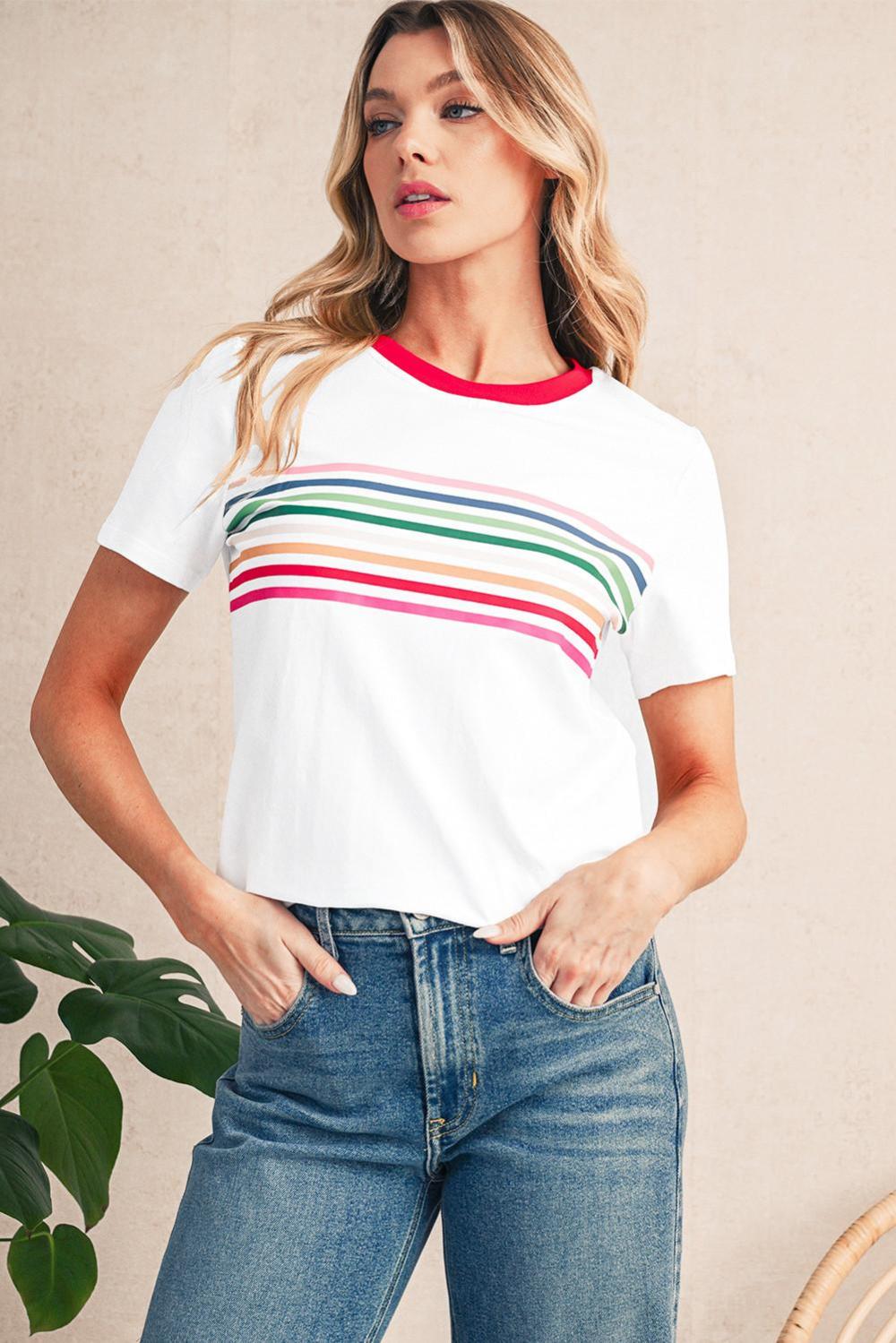 T Shirts | Women White Rainbow Stripe Print Crewneck T Shirt