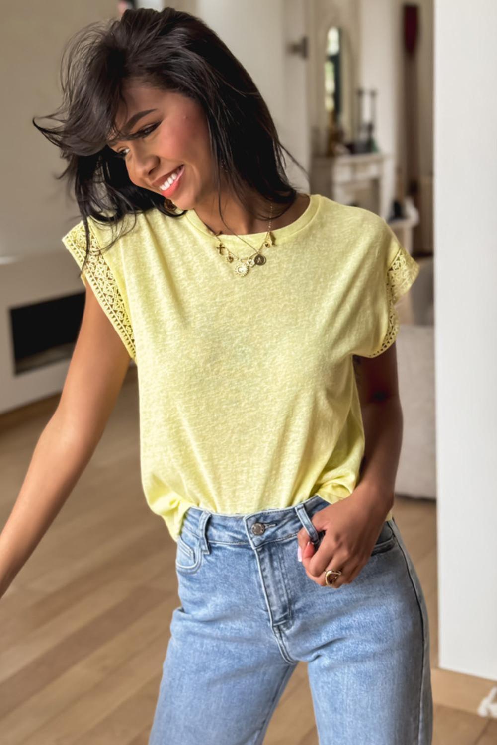 T Shirts | Women Yellow Cream Lace Patchwork Cap Sleeve Round Neck Top